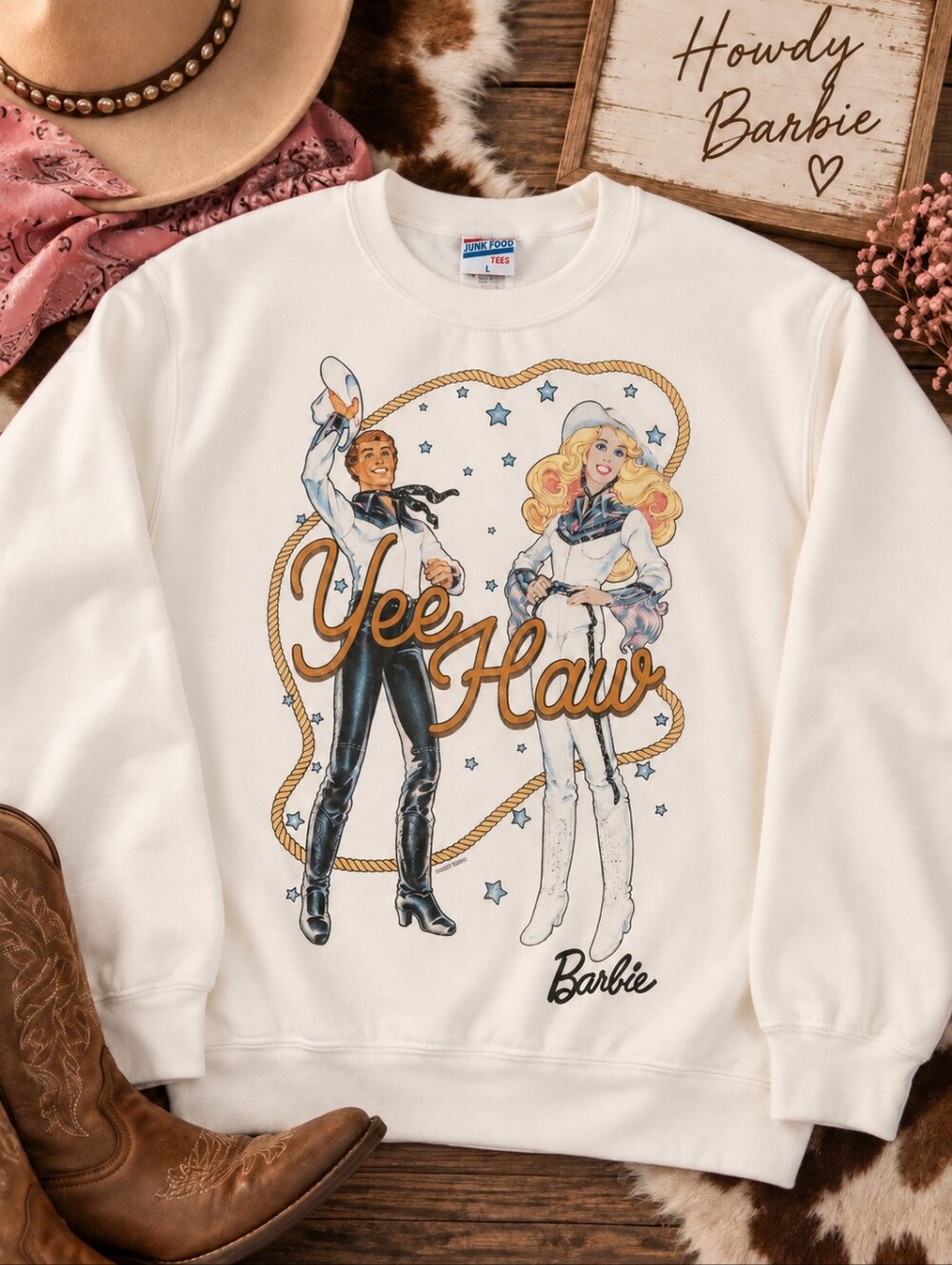 Junk Food Barbie Yee Haw Cowgirl Western Graphic Sweatshirt L
